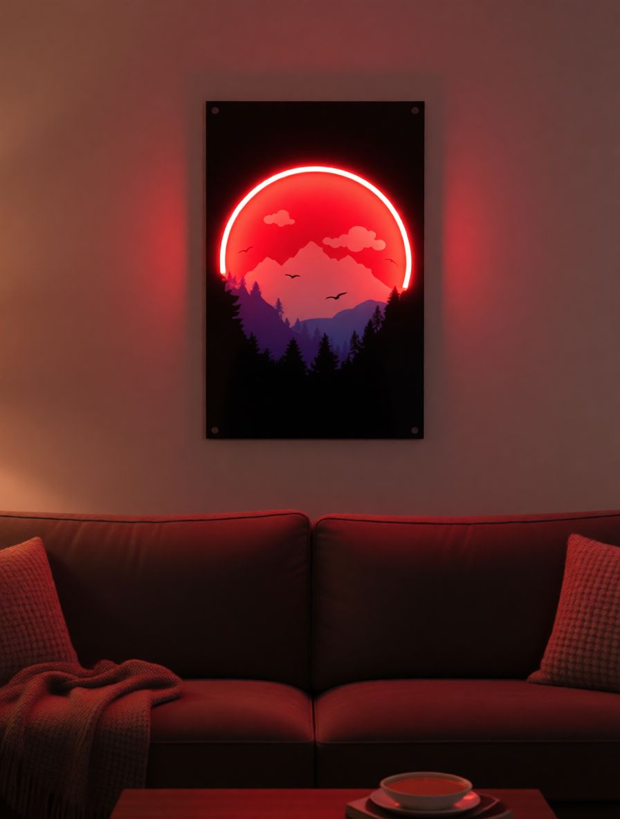 Crimson Horizon Mountain Peaks Neon Art