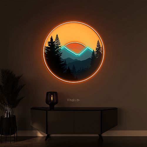 Sunset Mountain Serenity Circle Neon Art