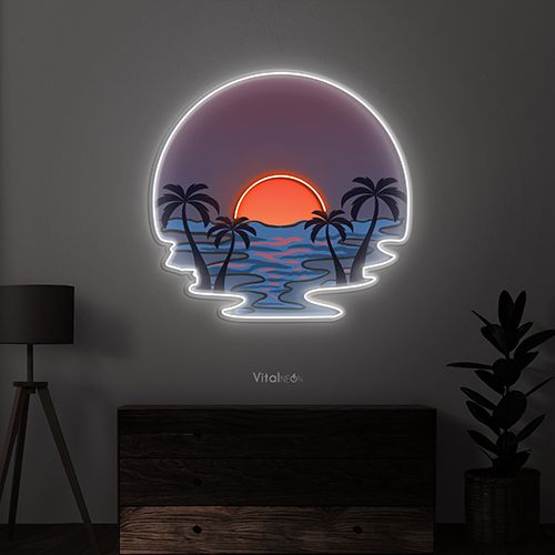 Tropical Sunset Beach Horizon Neon Art