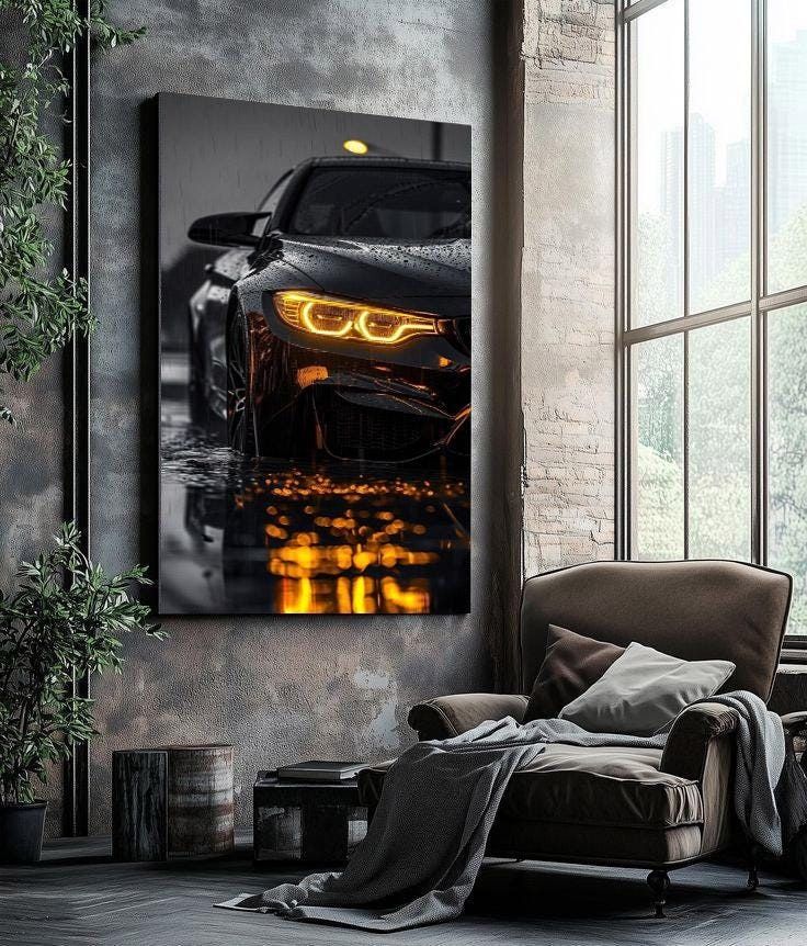 Luminous Headlights Reflecting Urban Night Canvas Painting