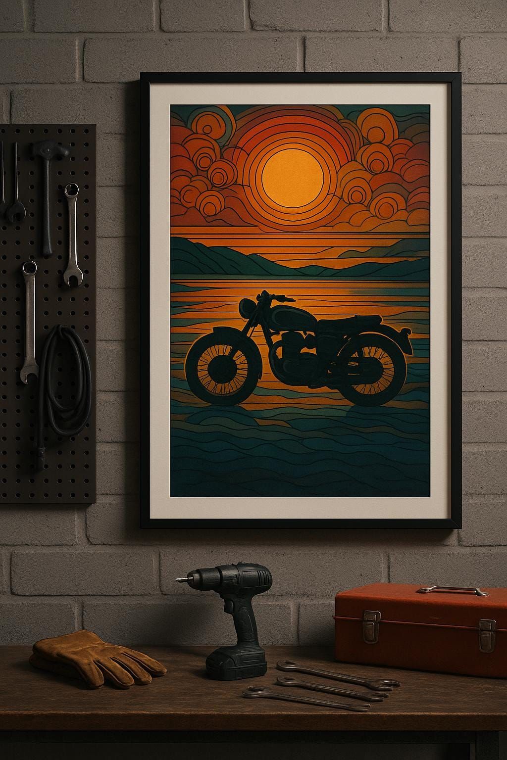 Vintage Motorcycle Sunset Journey Canvas Painting