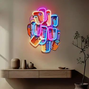 Vibrant Abstract Faces Illuminated Neon Art
