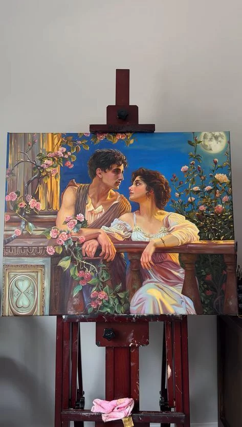 Eternal Gaze Romantic Rose Balcony Canvas Painting