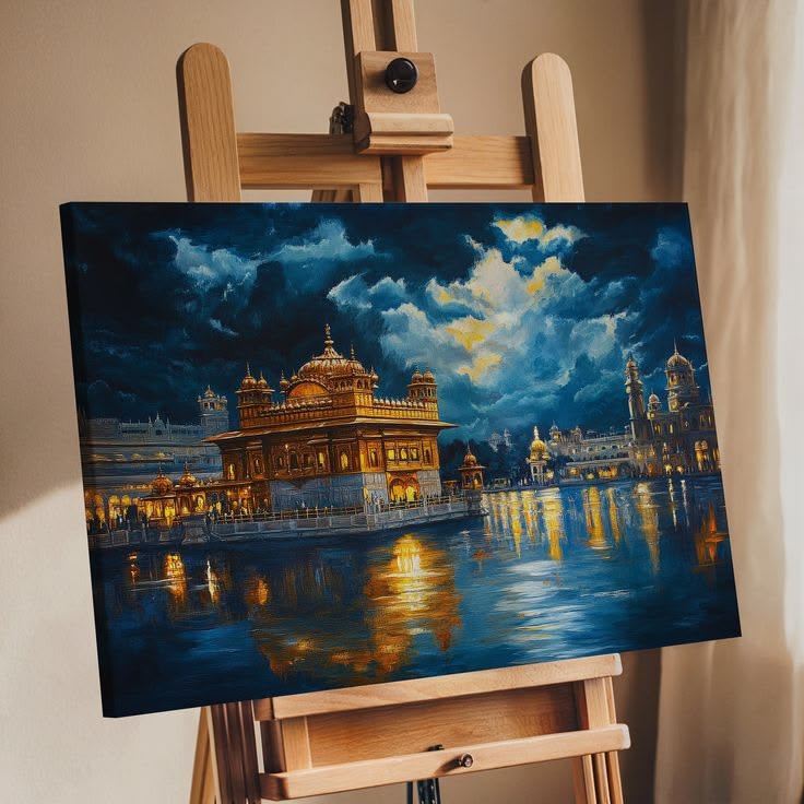 Ethereal Golden Temple Night Canvas Painting