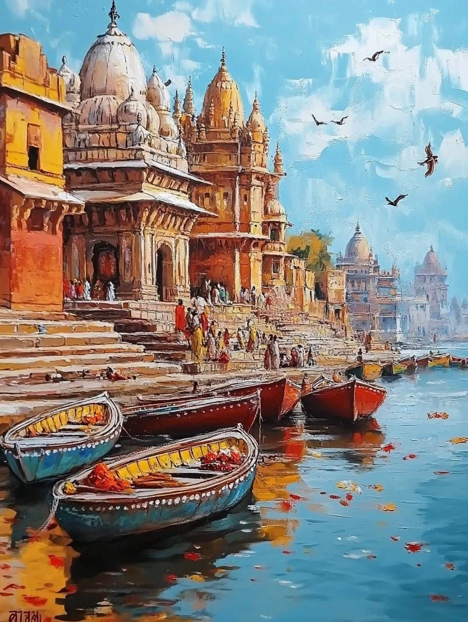 Varanasi Ghats Morning Serenity Canvas Painting