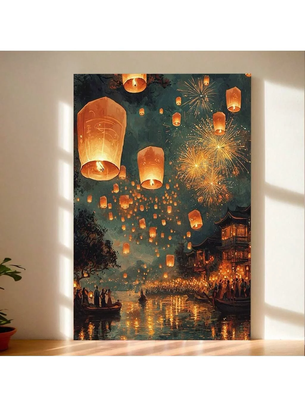 Golden Lanterns and Fireworks Celebration Canvas Painting